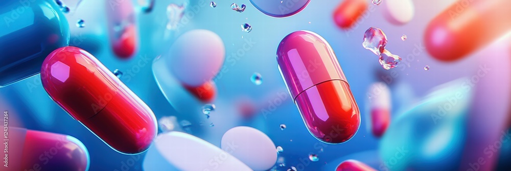 Poster vibrant graphic design showcasing capsules in dynamic motion against a colorful background