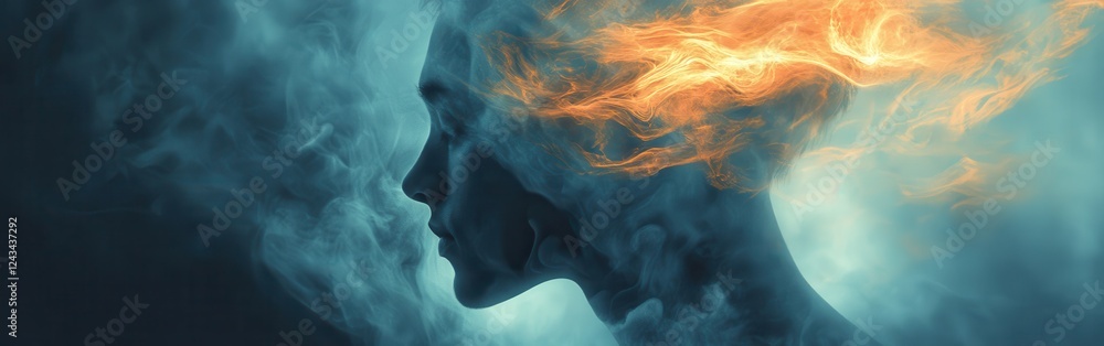 Poster mystical profile of a man filled with vibrant flames and ethereal smoke in a dark setting