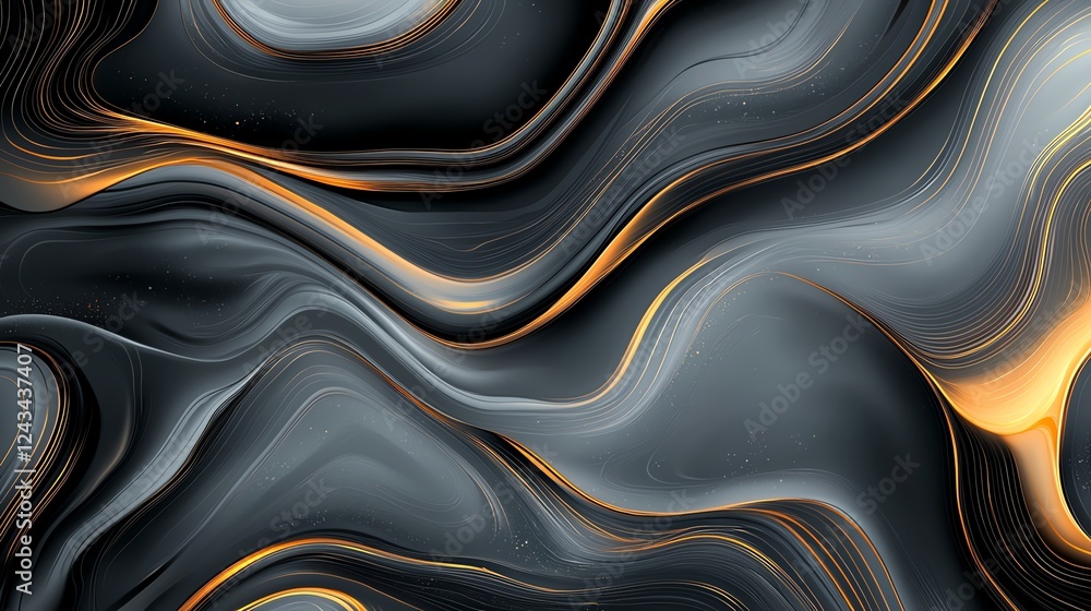Poster an abstract wave pattern showcasing smooth curves and fluid motion, featuring rich black and golden 