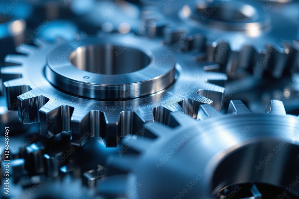 Poster metallic gears in close-up view with sharp details, illuminated in blue tones. industrial concept on