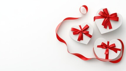 White Heart Shaped Gift Boxes with Red Ribbons on White Background