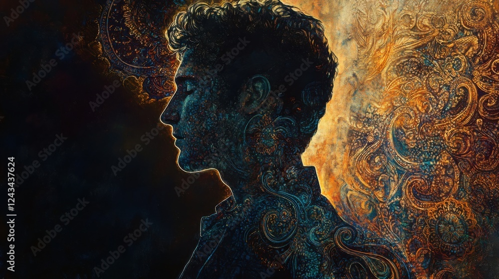 Fototapete mystical profile of a man filled with intricate patterns and vibrant colors against a dark backgroun