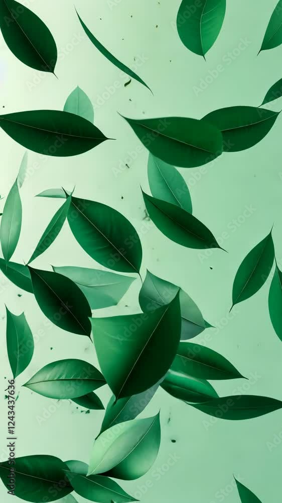 Poster green leaves scattered on a light background create a fresh and natural atmosphere in a serene setti