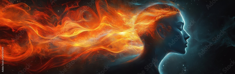 Poster mystical profile of a man filled with cosmic flames and ethereal colors against a dark background