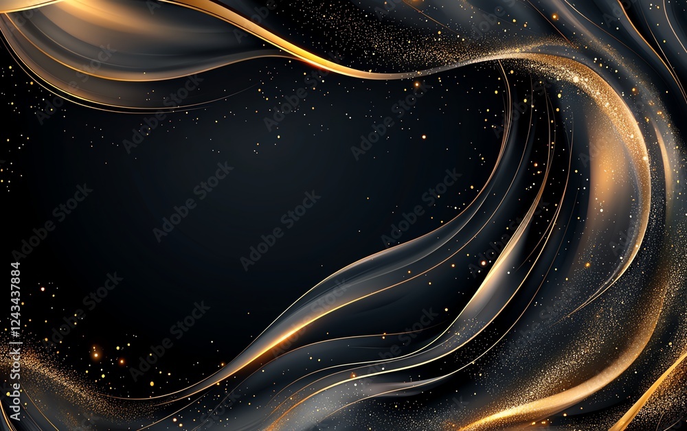 Poster an elegant abstract background featuring flowing golden ribbons against a dark backdrop, creating a 