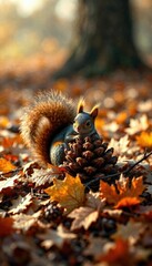 Fototapeta premium tiny squirrel curled around a small pine cone snuggled up in a bed of dry autumn leaves, squirrel behavior, pine cone