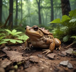 Fototapeta premium Toad resting on forest floor with surrounding foliage, nature's disguises , rest