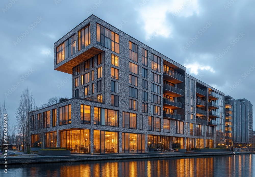 Poster modern architectural design of multi-story building with large windows overlooking water at dusk wit