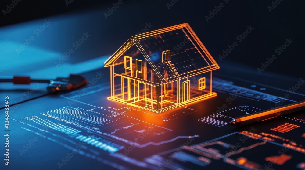 Poster Minimalist design of an illuminated house model integrated with architectural plans in a modern workspace