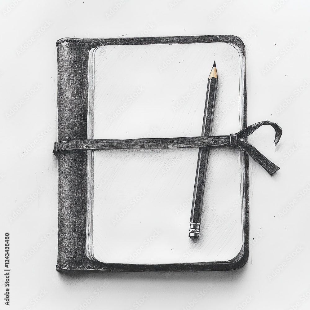 Poster Leather-bound notebook resting on a flat surface with a pencil tucked into its spine ready for use in jotting down thoughts or sketches