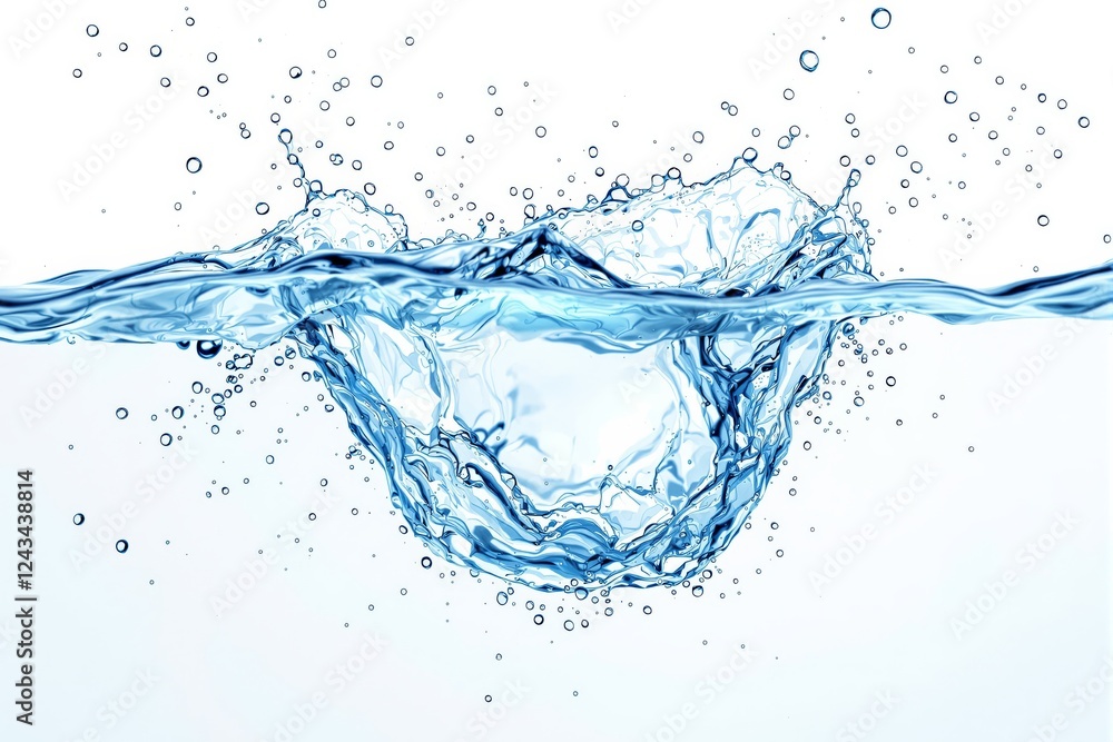 Poster clear water splash creating dynamic movement with detailed droplets on a white background. concept o