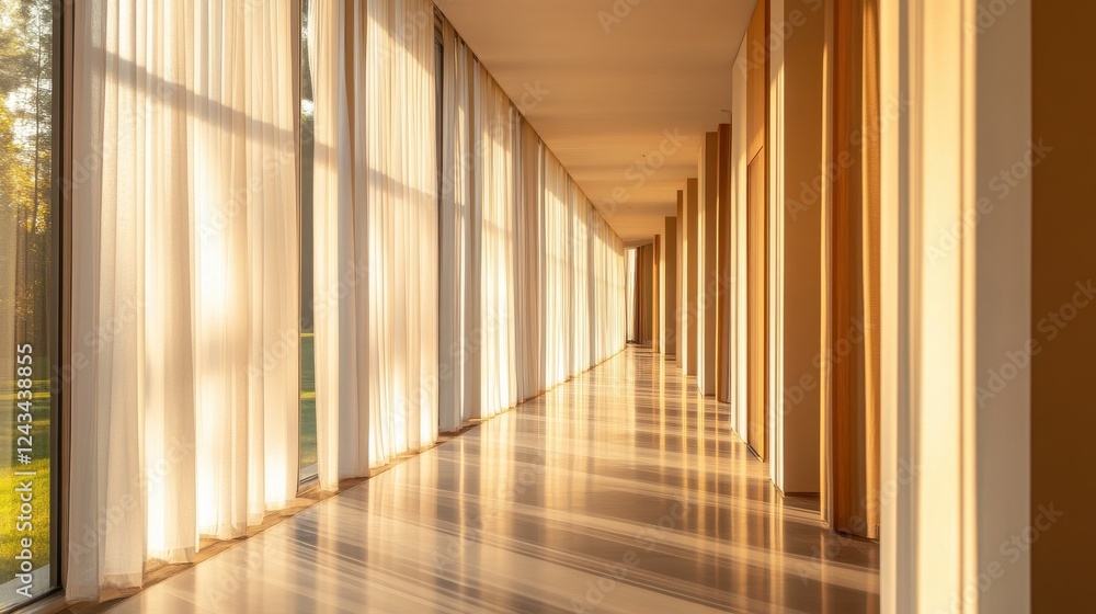 Aufkleber Sunlight filters through tall vertical windows in a serene hallway, creating a tranquil atmosphere