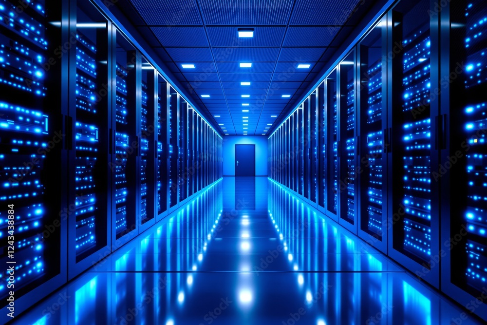 Aufkleber modern data center with illuminated server racks, glowing blue lights, and a reflective floor, creat