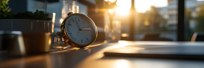 Analog Clock on Table with Sunset Light