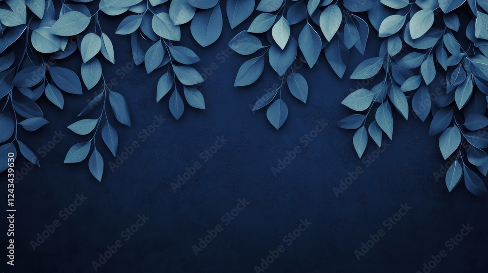 Poster flat navy background with simple leafy designs creating a serene and calming atmosphere for creative