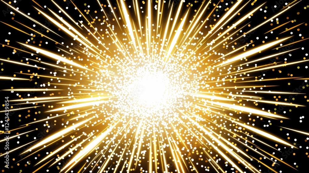 Poster a bright explosion of golden light with radiant rays extending outward against a black background, c
