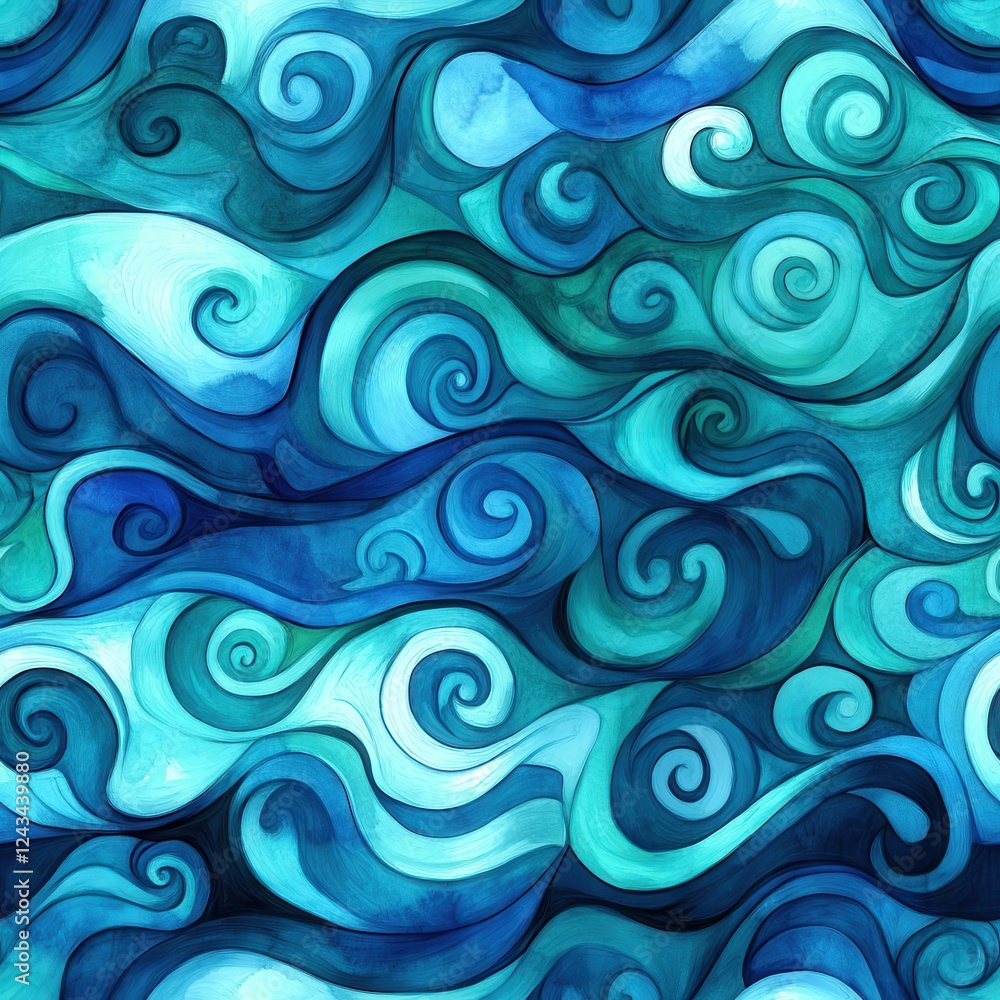 Aufkleber dynamic watercolor doodle of swirling waves in various shades of blue and green creating a vibrant o