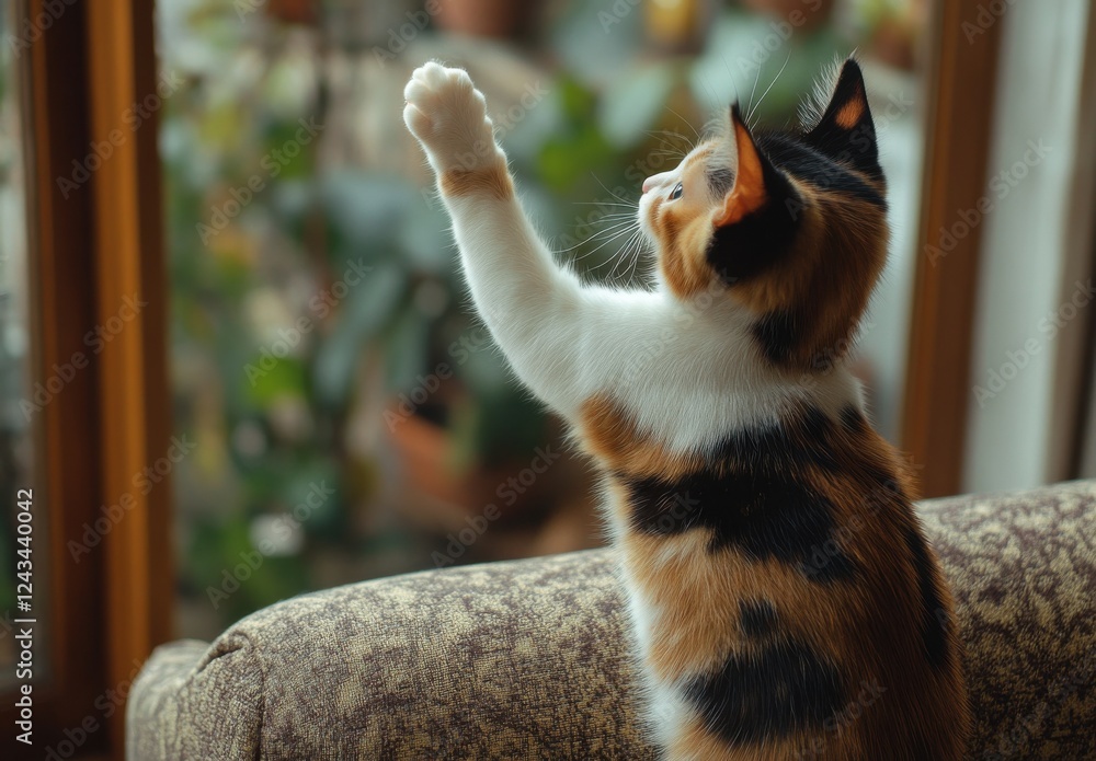 Poster playful calico cat reaching for sunlight by a window with green plants in the background capturing a