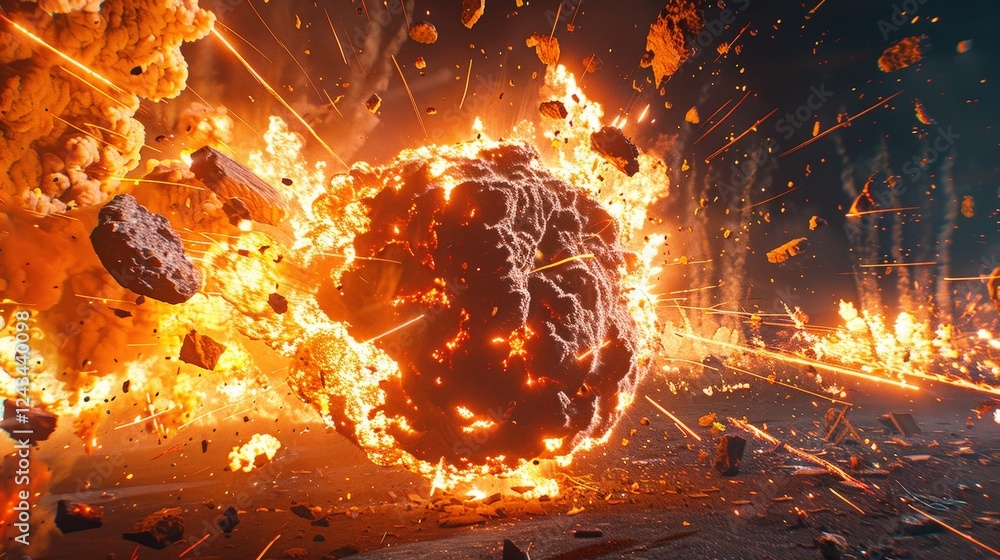 Poster a fiery explosion with flying debris and bright flames, creating an intense and chaotic visual effec