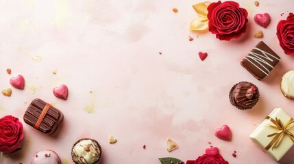 A Luxurious Dark Chocolate Bar, Adorned with an Array of Heart-Shaped Chocolates, Elegantly Placed Amidst a Romantic Setting of Crimson Roses and Delicate Greenery, Evoking a Sense of Affection and In