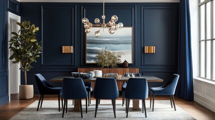 Stylish dining room with navy blue walls and elegant decor creating a welcoming atmosphere for gatherings