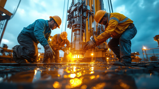 High contrast image of workers operating drilling equipment at dusk, showcasing teamwork and industrial activity. scene captures intensity of oil extraction