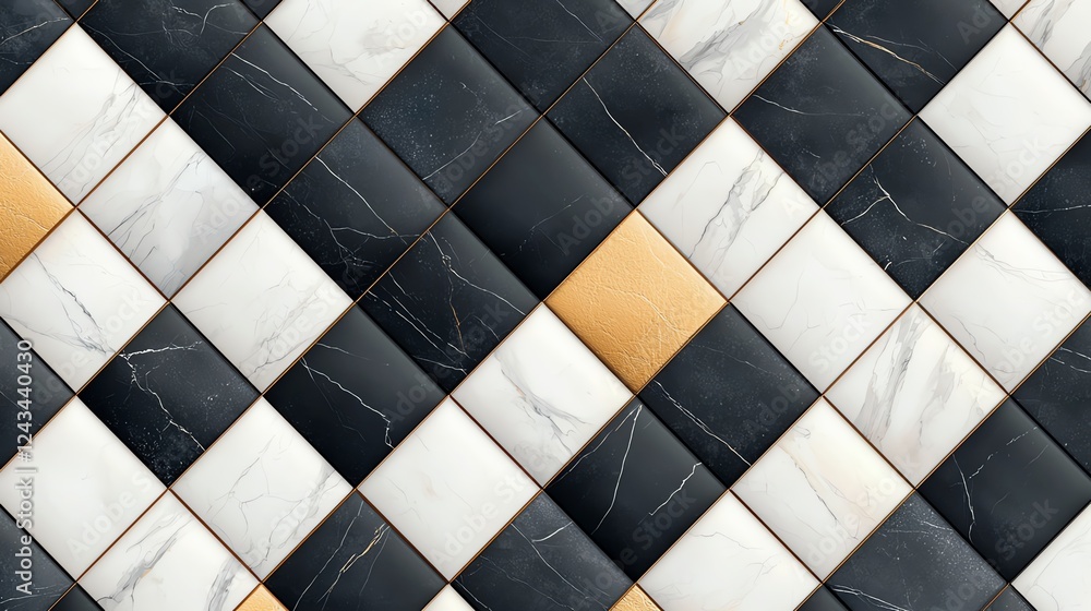 Poster an intricate tiled pattern featuring a combination of black, white, and gold squares, creating a mod