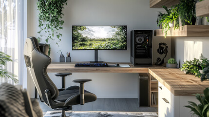 A modern home office featuring a wooden desk equipped with a desktop computer, a large monitor, and a comfortable gaming chair, complemented by white walls and vibrant plants for a lively atmosphere.