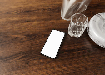 Phone copy space mock up with blank screen on living room, wood styled interior design aesthetic for blog, web, social media template