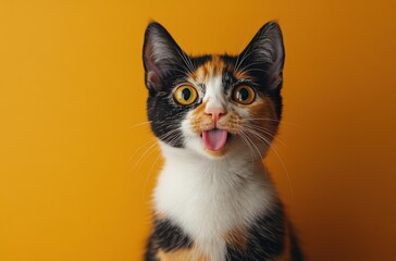 Fototapeta premium Playful calico cat with vibrant fur and expressive face sticking out tongue against a bright orange backdrop, perfect for pet lovers and animal enthusiasts