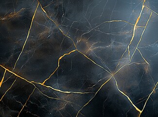 Close-up shot of a luxurious black marble surface with striking gold veining. This elegant texture adds sophistication and style to architectural designs and interior decor.
