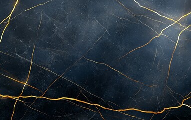 Close-up view of a dark marble surface with striking golden veins, offering a luxurious and elegant texture perfect for various design applications and backgrounds.