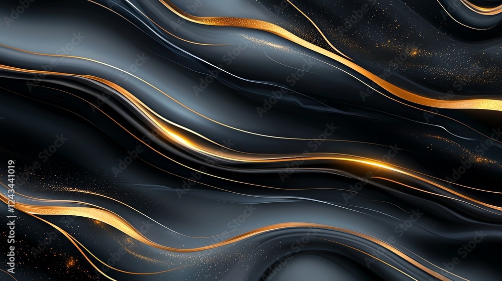 Poster dynamic flowing waves of black and gold create an artistic abstract background ideal for modern desi