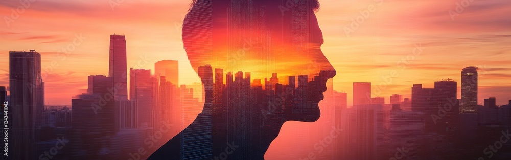Poster Conceptual visualization of a man with a city skyline backdrop at sunset creating a harmonious blend of urban life and personal reflection