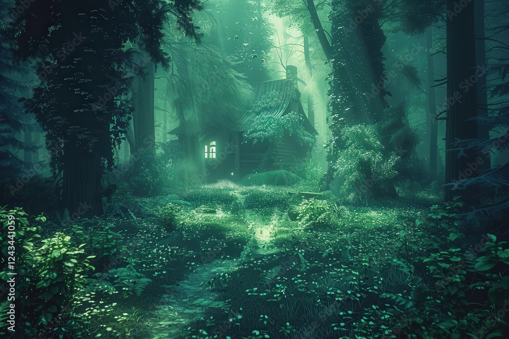 Poster a mystical forest scene with a path leading to an abandoned house, surrounded by lush greenery and s