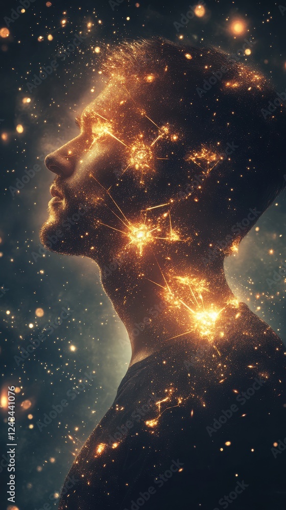 Fototapete conceptual visualization of a man's profile illuminated by cosmic elements and star-like structures 