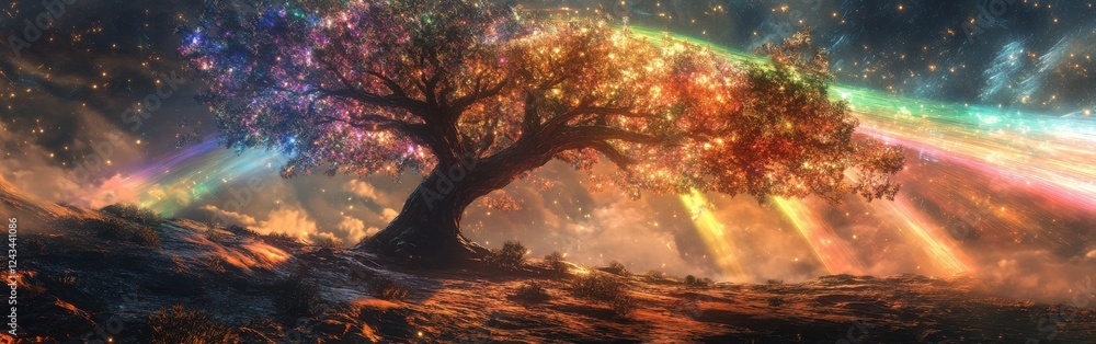 Aufkleber Glowing tree surrounded by colorful light rays in a mystical landscape at dusk