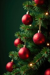 Naklejka premium Christmas tree decorated with red balls and ribbons, red balls christmas tree dark green ribbons festive, evergreen