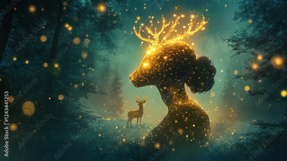Poster Silhouette of a woman's profile illuminated by ethereal lights in a mystical forest setting with a deer in the background