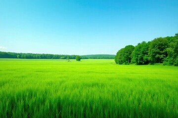 Obraz premium Crops and trees in a vast green meadow under clear blue sky, nature, landscape, fields