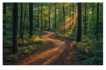 Sunlit Path Winding Through a Lush Green Forest