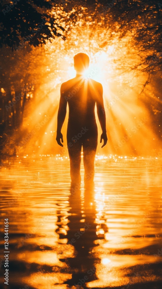 Poster man glowing in sunlight while standing in a serene river at dusk, embodying tranquility and connecti