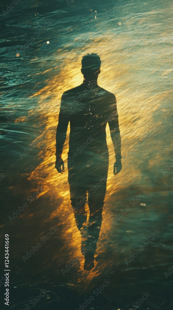 Poster Man glowing with light walking through water at sunset in an abstract representation of transformation and hope