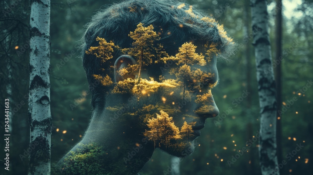 Aufkleber man glows with a forest within in a tranquil natural setting during twilight