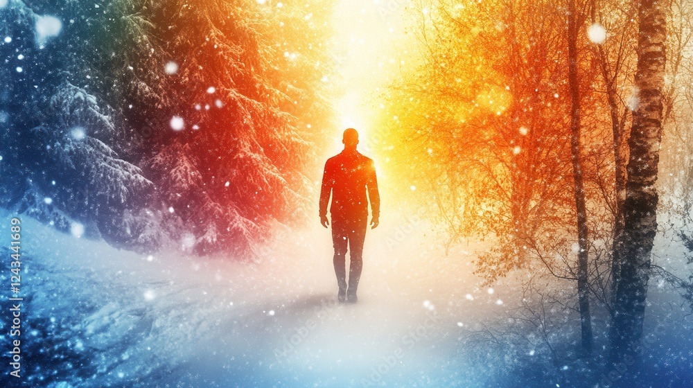 Poster man stands in a mystical forest filled with glowing light and colorful contrasts during a snowy even