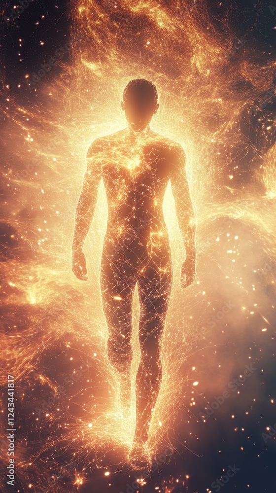 Aufkleber man glowing with cosmic energy showcases connection to the universe in a mystical setting at twiligh