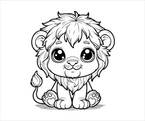 Cute cartoon lion. Black and white vector illustration for coloring book.