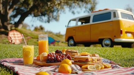 Colorful picnic setup with retro van amidst sunny outdoor setting featuring fruit and sandwiches