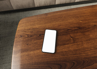Phone copy space mock up with blank screen on living room, wood styled interior design aesthetic for blog, web, social media template