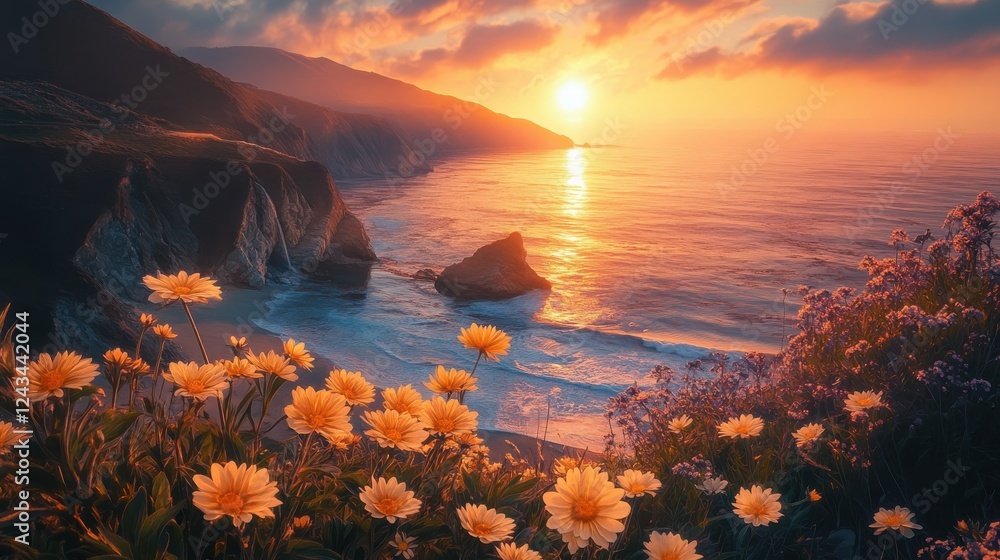 Poster coastal cliffside view at dawn with vibrant flowers and calming ocean waves